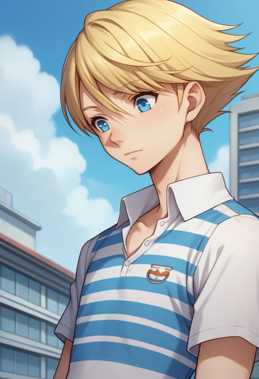 score_9, score_8_up, score_7_up, source_anime, highly detailed, 
teddie, 1boy, solo, blonde hair, blue eyes, striped shirt, male focus, striped, shirt, upper body, short hair, looking down, sulk,
outdoor, sky, building, day, clouds,