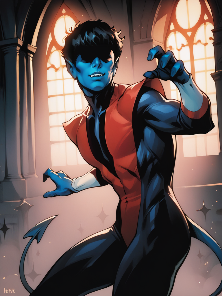 score_9, score_8_up, score_7_up, epic pose, from side, cowboy shot, dynamic pose, detailed background, dark room, church, leaning forward, 
 <lora:Nightcrawler_character:1>, NightcrawlerXL, 1boy, blue skin, colored skin, black hair, covered eyes, shaded face, bodysuit, tail, retro artstyle, fang, demon,
