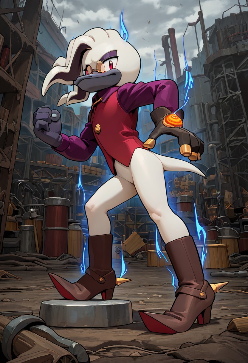 masterpiece, best quality, amazing quality, high detail, absurdres, Doctor Starline, 1boy, male, solo, slender, pince-nez, webbed brown glove, glove on the left hand, Tricore, purple shirt with golden cufflinks, red-violet vest, brown boots with golden buckles, red-violet soles, medium-high heels, Heel Spur, upward-turned pointy toes, dynamic pose, blue aura around body, scrap yard, factory, gray sky, clouds