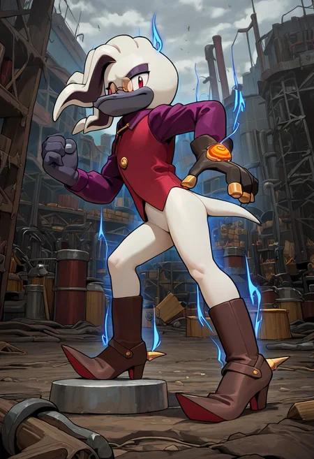 masterpiece, best quality, amazing quality, high detail, absurdres, Doctor Starline, 1boy, male, solo, slender, pince-nez, webbed brown glove, glove on the left hand, Tricore, purple shirt with golden cufflinks, red-violet vest, brown boots with golden buckles, red-violet soles, medium-high heels, Heel Spur, upward-turned pointy toes, dynamic pose, blue aura around body, scrap yard, factory, gray sky, clouds