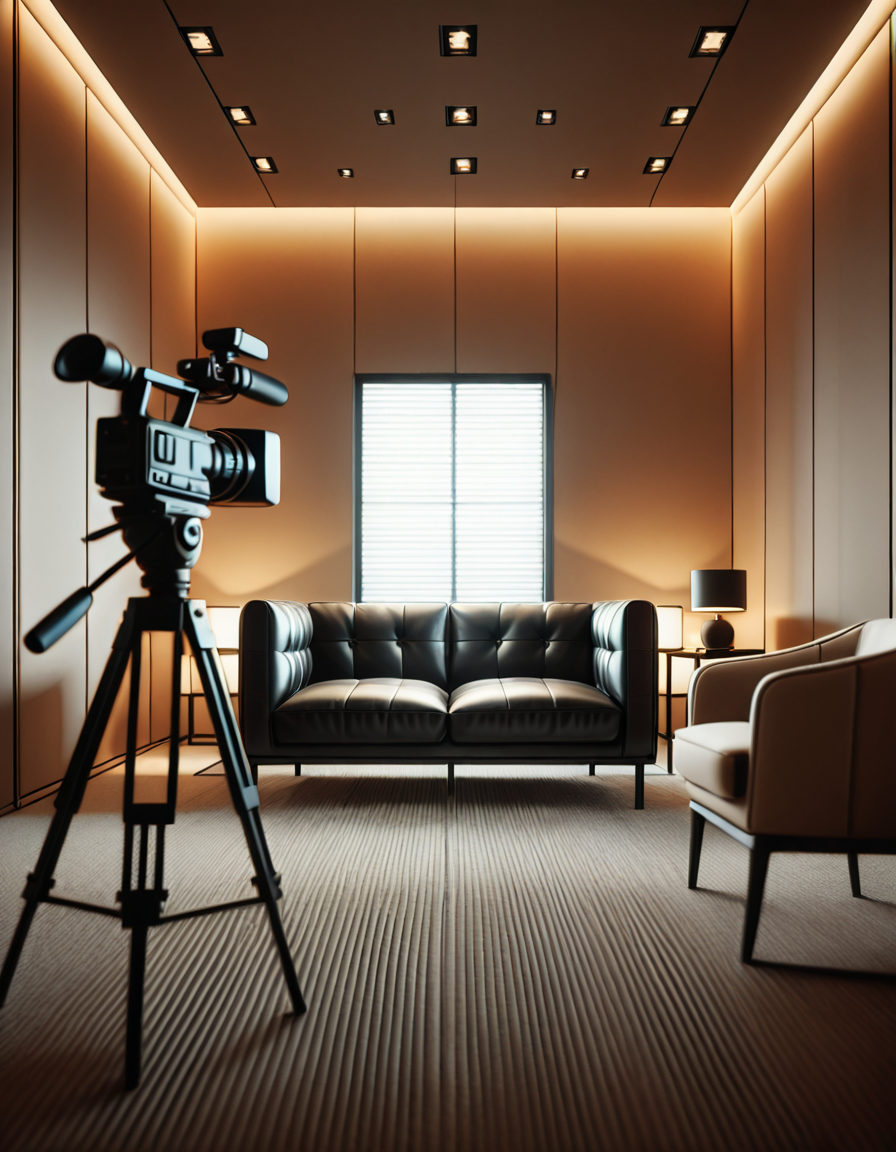 A high-quality, realistic photograph of a modern casting office interior featuring a simple black leather couch positioned against a plain white wall. The couch is sleek, clean, and minimalist in design, with smooth cushions and subtle stitching details. In front of the couch is a small, low wooden coffee table with a few neatly stacked magazines and a glass of water. To the side, there's a professional camera on a tripod aimed at the couch, with softbox lights set up to provide balanced, diffused lighting, eliminating harsh shadows. The floor is covered with light gray carpet, adding a soft texture to the scene. The atmosphere is quiet and neutral, resembling a professional interview space. The overall composition is centered and symmetrical, with a clear focus on the furniture and equipment. No people are present. The photograph has a natural daylight tone coming from an unseen window, giving a soft, ambient glow to the room.
<lora:SDXLFaeTastic2400:0.4> <lora:extremely_detailed:0.4> extremely detailed, <lora:C4st1ng_c0uch-i:1>,C4st1ng c0uch, Masterpiece,best quality,hi res,8k,hi res,8k,award winning,(sharp focus, intricate, highly detailed),