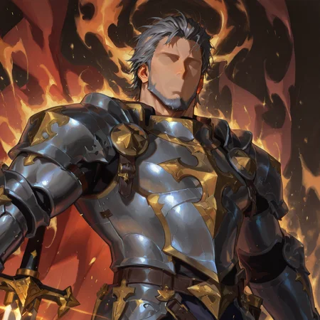 <lora:FacelerssILv3:1>, ((faceless, no eyes, no nose, no mouth, no eyebrows))
<lora:face_Cadanova_Alchemist_Code_repair-000003:.8>, (tagatamecadanova, 1boy, short hair, grey hair, solo, male focus, mature male, muscle body, bara, armor, cape, greadsword, holding sword,)
(very short hair, beard, bara, mature, facial hair, stubble, beard, full beard, sideburn, beard, a lot of beard, ), facial hair,male focus, muscular male, muscular male, bara, mature,  bara, mature, aixiwuganda_(20222192), very awa, masterpiece, best quality, absurdres, newest, perfect quality, detailed background, intricate details,
<lora:slider_Body Type_alpha1.0_rank4_noxattn_last:3><lora:Anime Summer Days 2 Style SDXL_LoRA_Pony Diffusion V6 XL:.6><lora:slider_cfg_scale_boost:.7><lora:Artist6p:.55>, Artist6p, Artist04p,<lora:slider_il_brightness_slider_d1:-1><lora:slider_il_contrast_slider_d1:-1><lora:slider_DarkSlider1.2_alpha1.0_rank16_full_300steps:-.6>