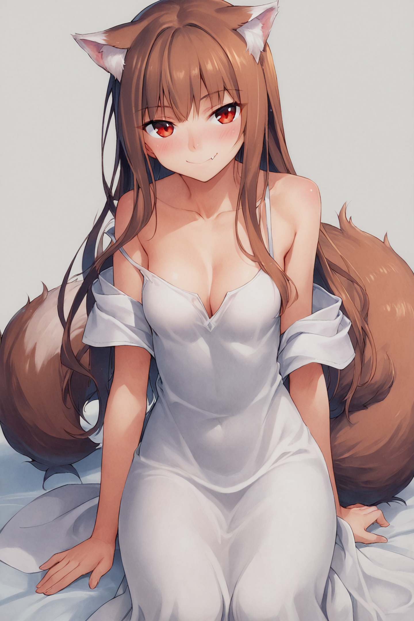 score_9,score_8_up,score_7_up,masterpiece,best quality,
1girl,tail,animal ears,solo,holo,wolf tail,long hair,wolf ears,fang,wolf girl,white dress,red eyes,brown hair,smile,breasts,looking at viewer,collarbone,bare shoulders,off-shoulder dress,cleavage,fang out,blush,bangs,off shoulder,shiny,closed mouth,small breasts,traditional media,looking at viewer,
<lora:Koume Keito_XL_PONY:0.9>,