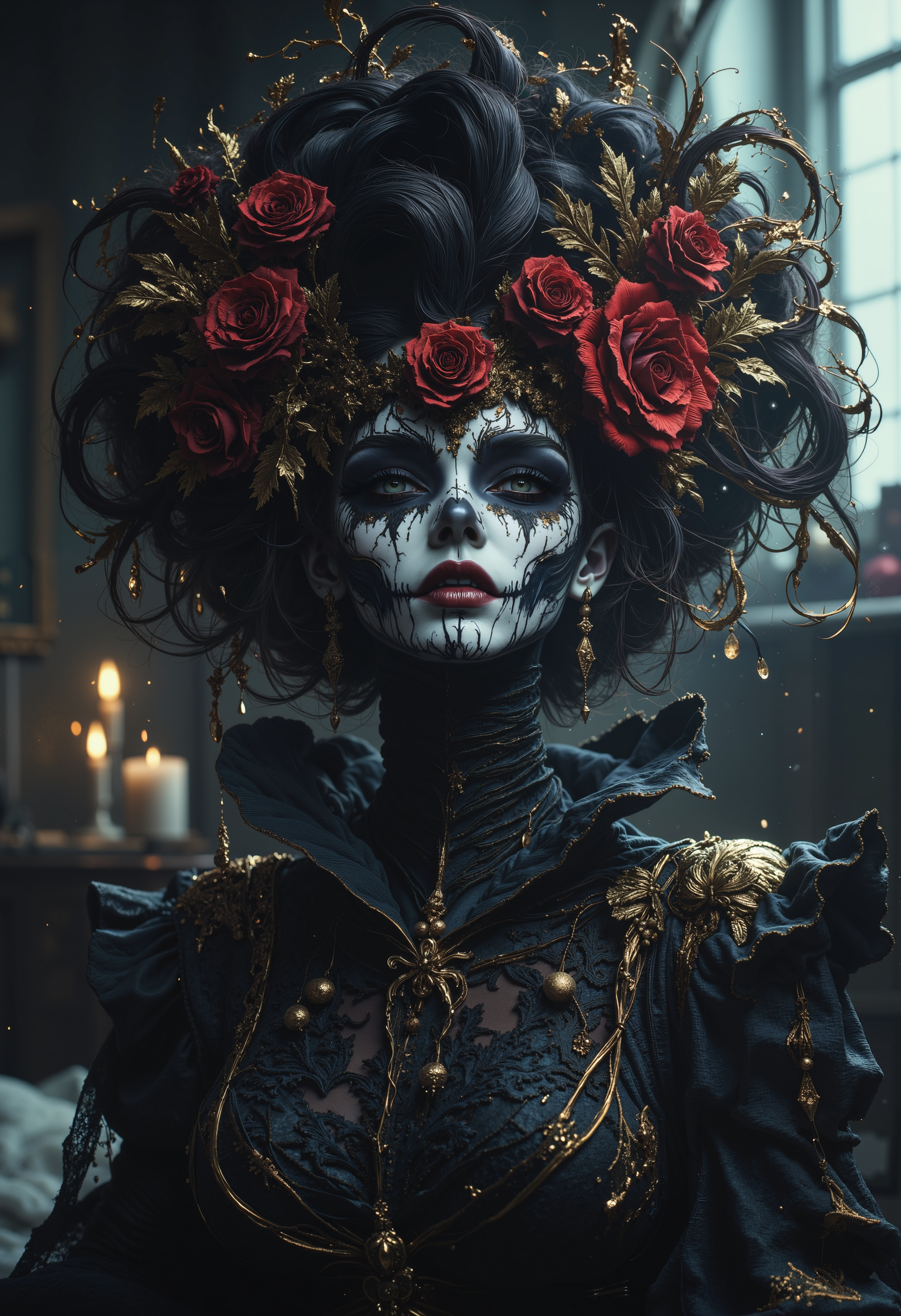 A fantastic bo-chromatic dark fantasy illustration in the style R3alisticF of, a high-resolution photograph featuring a woman with a striking, intricate, and gothic-inspired makeup look, she has pale skin and dark, voluminous curly hair styled in an elaborate updo adorned with gold and red floral elements, her makeup is reminiscent of the Day of the Dead, with intricate, black lace patterns covering her face and eyes, including a skull-like mask with gold accents and a red rose in the center, her lips are painted a deep, vibrant red, matching the black makeup, she wears a high-collared, dark lace garment that adds a touch of elegance and sophistication to her attire, the background is blurred, with soft, diffused light streaming in from a window, suggesting an indoor setting, possibly a bedroom or living room, the overall mood is dark and mysterious, with a hint of holiday cheer, the photograph is highly detailed, capturing the textures of the lace and the intricate designs on her face, enhancing the eerie and enchanting atmosphere of the scene<lora:boFLUX Chromatic Abyss.safetensors:1.0:1.0> <lora:FluxMythR3alisticF.safetensors:0.8:0.8>