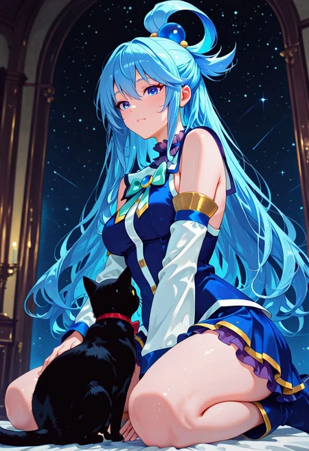masterpiece, best quality, good quality, very aesthetic, absurdres, newest, 8K, depth of field, focused subject, in the style of cknc, artist:moriimee, in the style of cksc, BREAK
side portrait of Aqua (Konosuba) kneeling down to stroke a black cat, dark starry background, directional lighting, silhouetted, chiascuro, viewed from below