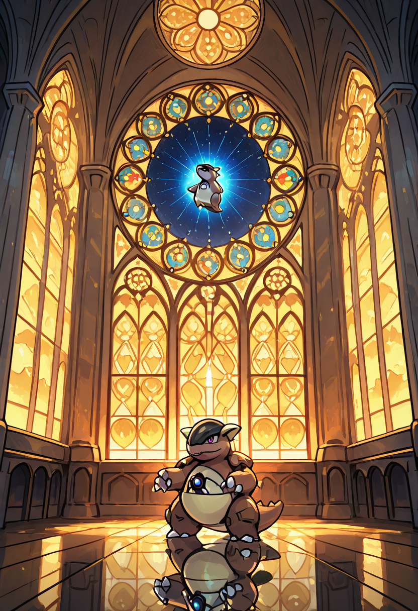 masterpiece, best quality, no humans,    zzKhan, kangaskhan, 1pokemon, stained glass, kaleidoscope sky, multicolor shadows, surreal, reflective floor, floating panels, soft glow, cathedral light zzKhan stands in a cathedral of light â where the sky is made of shifting stained glass and her shadow fractals into color across the glowing floor. Floating shards orbit like planets, each one casting a different emotion. She moves like a dream remembered halfway through waking.  ,<lora:KangaskhanPokemon_IXL_v2:1.0>,