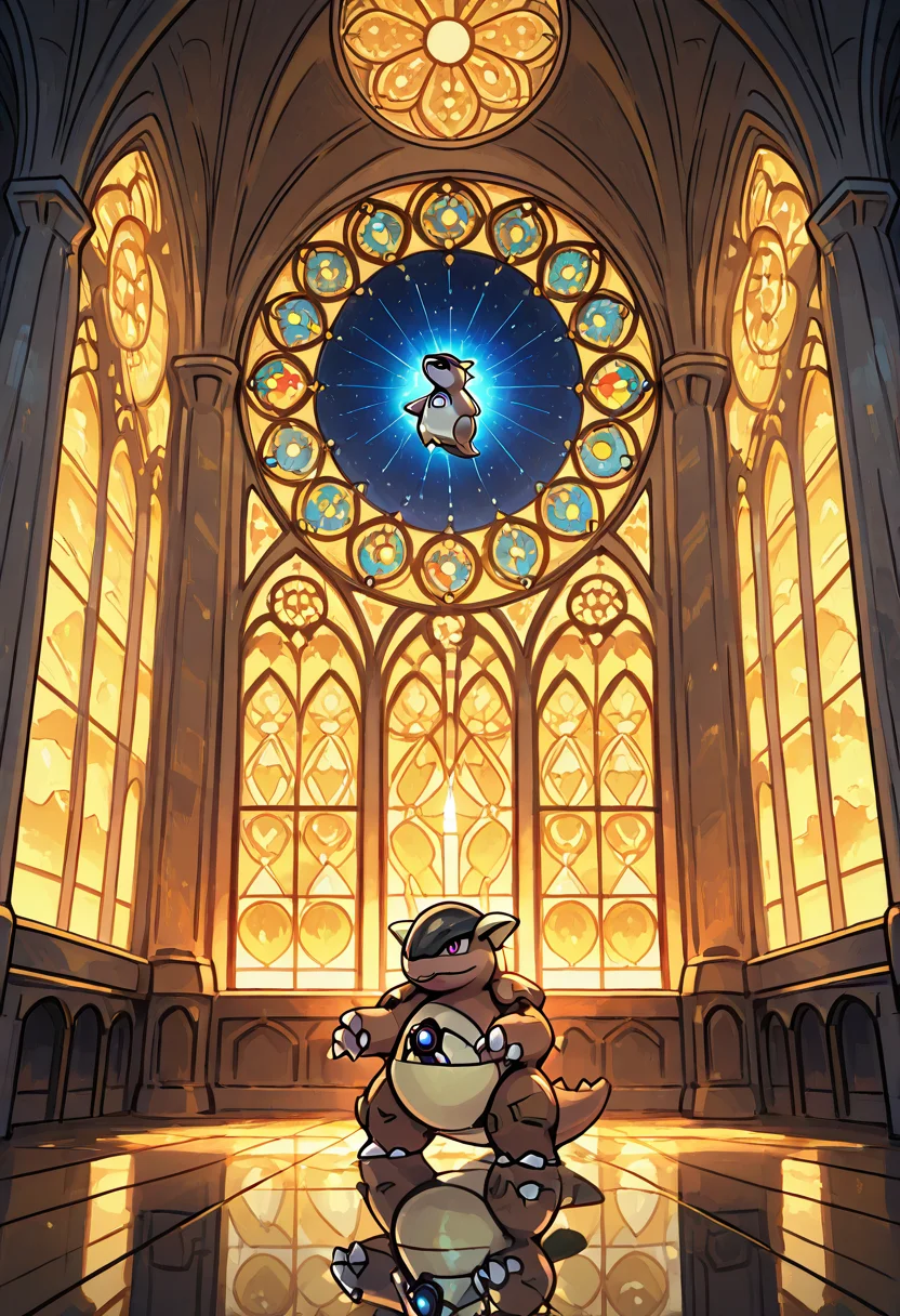 masterpiece, best quality, no humans,    zzKhan, kangaskhan, 1pokemon, stained glass, kaleidoscope sky, multicolor shadows, surreal, reflective floor, floating panels, soft glow, cathedral light zzKhan stands in a cathedral of light â where the sky is made of shifting stained glass and her shadow fractals into color across the glowing floor. Floating shards orbit like planets, each one casting a different emotion. She moves like a dream remembered halfway through waking.  ,<lora:KangaskhanPokemon_IXL_v2:1.0>,