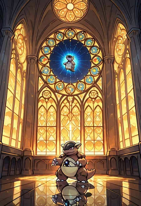 masterpiece, best quality, no humans,    zzKhan, kangaskhan, 1pokemon, stained glass, kaleidoscope sky, multicolor shadows, surreal, reflective floor, floating panels, soft glow, cathedral light zzKhan stands in a cathedral of light â where the sky is made of shifting stained glass and her shadow fractals into color across the glowing floor. Floating shards orbit like planets, each one casting a different emotion. She moves like a dream remembered halfway through waking.  ,<lora:KangaskhanPokemon_IXL_v2:1.0>,