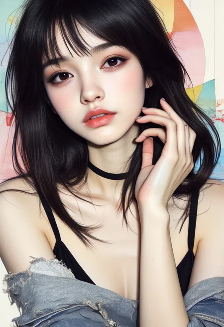 OBxiaoxiang, Inkplash art vibrant colours , inksketch, Silhouette Art, magnificent, inksplash portrait of stunning japanese woman, long dark hair with platinum streaks, sidelocks, bangs, seductive, sultry, lustful, red lips, direct gaze, light hitting one side of face, inksplash abstract background