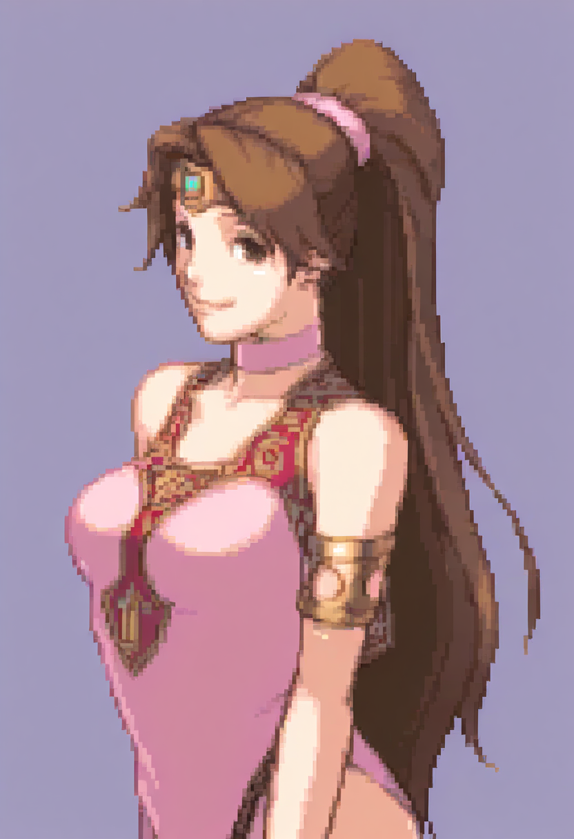 masterpiece, best quality, solo, looking at viewer, 1girl, <lora:Ace-Attorney-Portraits-illus_Fp:1>, portrait, upper body, pixel art, simple background, <lora:Linde-illus_Fp:1>, lindefe1, brown hair, brown eyes, ponytail, circlet, pink dress, armlet, side slit, pink choker, smile, very long hair, bare shoulders,