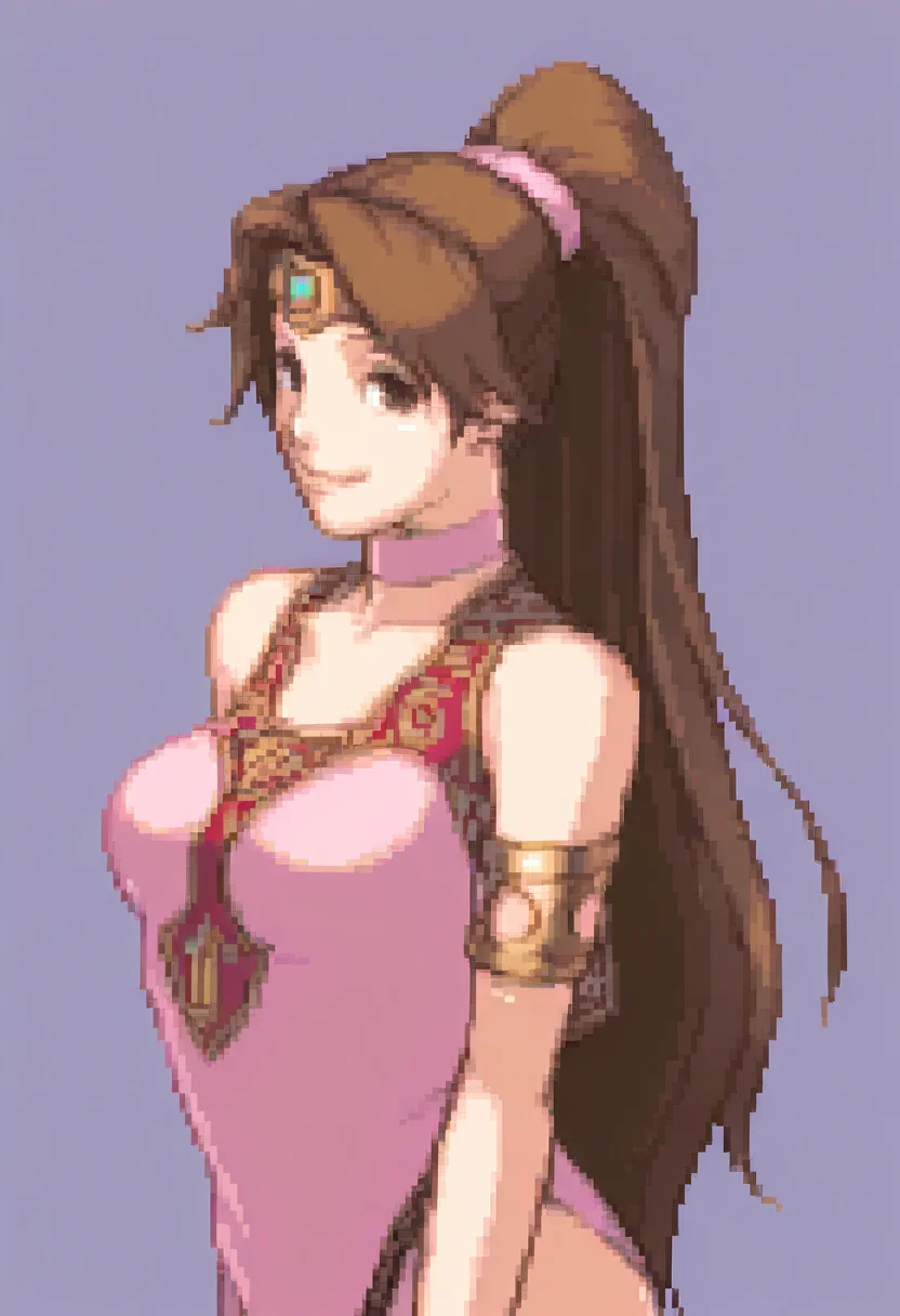 masterpiece, best quality, solo, looking at viewer, 1girl, <lora:Ace-Attorney-Portraits-illus_Fp:1>, portrait, upper body, pixel art, simple background, <lora:Linde-illus_Fp:1>, lindefe1, brown hair, brown eyes, ponytail, circlet, pink dress, armlet, side slit, pink choker, smile, very long hair, bare shoulders,