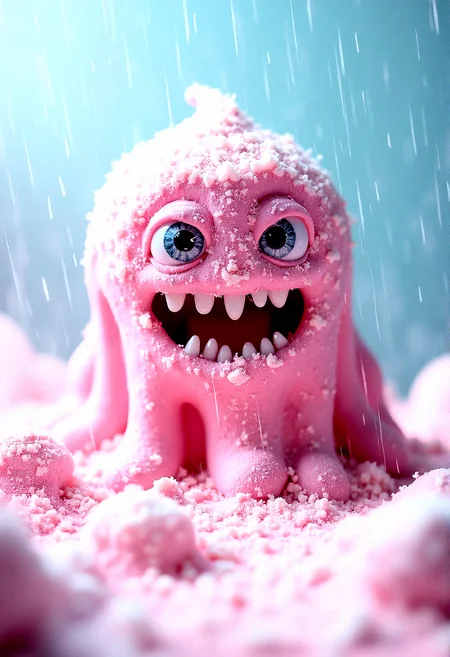 a slime candy monster in a mountain of powdered sugar with raining of fine sugar.