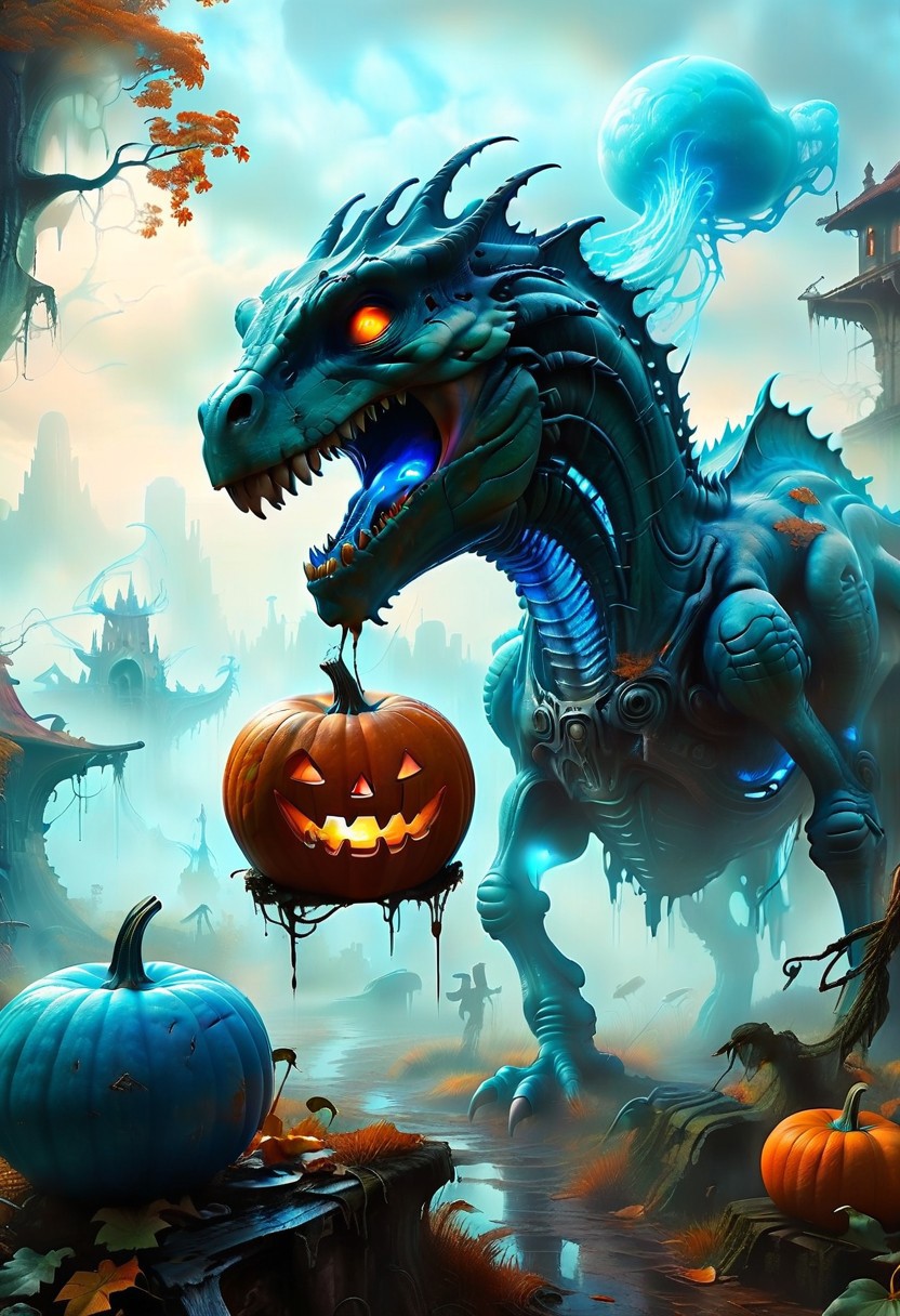 Ghostly Dinosaur carrying a carved blue glowing pumpkin, halloween, digital artwork by Beksinski, vibrant colors include cuware and births a house , inside the surreal landscape of warped geometry and digital artwork by Beksinski, create a sense of detailed, abstract, trippy, 60s style, op art, cell shaded, 8k. The composition includes an eerie atmosphere near a foggy wood.FRESHIDEAS Real Photography 2# great lighting