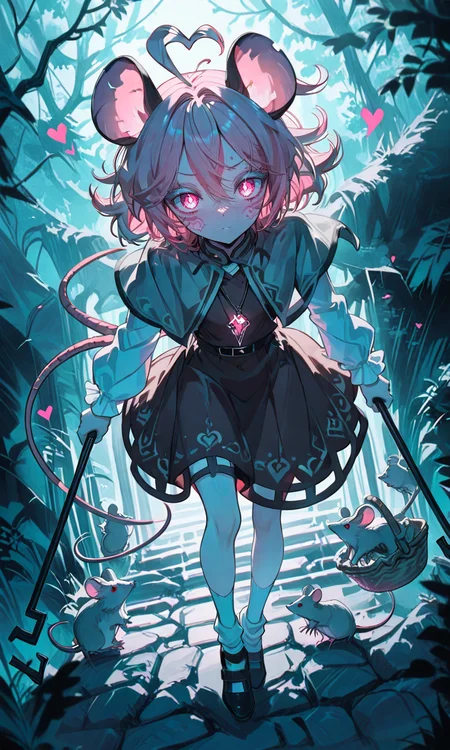 masterpiece,best quality,absurdres,very aesthetic,very awa,highres,newest,year 2024,year 2023,<lora:NLSTN-IL_1412568:1>,nlstn,glowing,dark,<lora:illustrious_quality_modifiers_masterpieces_v1_956369:0.7>,<lora:ponyv4_noob1_2_adamW-000017:0.7>,<lora:spo_sdxl_10ep_4k-data_lora_webui:0.6>,<lora:add-detail-xl:0.9>,<lora:KonyaKarasue-000008:0.4>,<lora:Isha_Illus_XL_1131795:0.6>,ishaILXL,heart ahoge,pink eyes,skinny,multicolored hair,white hair,pink hair,24 yo,24 year old girl,(white eyelashes:1.2),dynamic background,detailed,womb tattoo,dynamic_angle,flat chest,looking at viewer,facial mark,
absurdres,highres,masterpiece,best quality,amazing quality,official anime artwork,screencap,anime screencap,outdoors,looking at viewer,dynamic pose,1girl,solo,mouse ears,mouse tail,pendant,grey capelet,brown dress,long sleeves,white sleeves,white socks,black footwear,dowsing rod,basket,mouse,