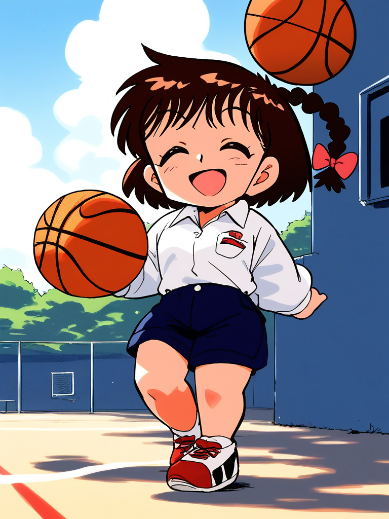 score_9, score_8_up, score_7_up, source_anime, rating_explicit, BREAK <lora:Shinba_Kurumi_XL:1>Shinba_Kurumi, brown hair, closed eyes, twin braids, hair bow, short hair, short stack, 
1girl, solo, smile, shorts, shirt, bow, collared shirt, long sleeves, closed mouth,  bangs,  standing, bag, open mouth,
sky, day, basketball, ground,