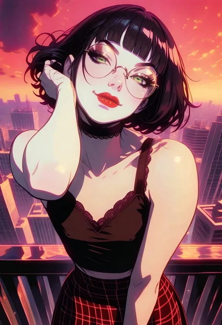 masterpiece, best quality, 32k, high resolution, absurdres, 1girl, Polly, PollyRH, short hair, bobcut, black hair, bangs, green eyes, small breasts, almost flat chest, slim, pale skin, big round eyeglasses, clear eyeglasses lenses, red lipgloss, HD32k, dynamic pose, aesthetic, perspective, solo, detailed eyes, sensual look, pinup pose, urban scenario, detailed background, black-red tint, sunset, sensual look, goth attire, punk attire, black tank top,nipple peek, (red) tartan skirt, spiky wristbands, chocker,little smile, dynamic view, fixing own hair