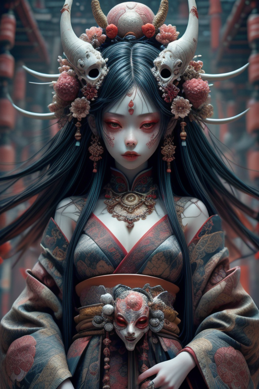 masterpiece,best quality,absurdres,high details,8K,photorealistic,amazing body,at distance,cowboy shot,thigh gap,1girl,<lora:detail_slider_v4:3>,<lora:Concept_-_Hella-sthetic_v2:0.7>,<lora:ghost doll_20230805145739:0.5>,kimono,gohstpunk,red torii,japan graveyard,ghost mask,horn,evil smile,yaksha,tengu,hanfu,ghost mask,cleavage,flower tattoo,curtain,gray hair,ghost doll,belt,hair flower,hair ornament,drop earrings,puppet rings,gold jewelry,necklace,jewelry,bangle,brooch,pendant,cult,spirit,Mysterious,spooky,oriental mythology,traditional Japanese art,dark persona,japanese temple,, intricate, elegant, highly detailed, symmetry, magical atmosphere, sharp focus, majestic, very coherent, radiant, advanced, cinematic, artistic, fine detail, winning, beautiful, stunning, dramatic light, designed, rich deep colors, perfect professional background, ambient, tailored set composition