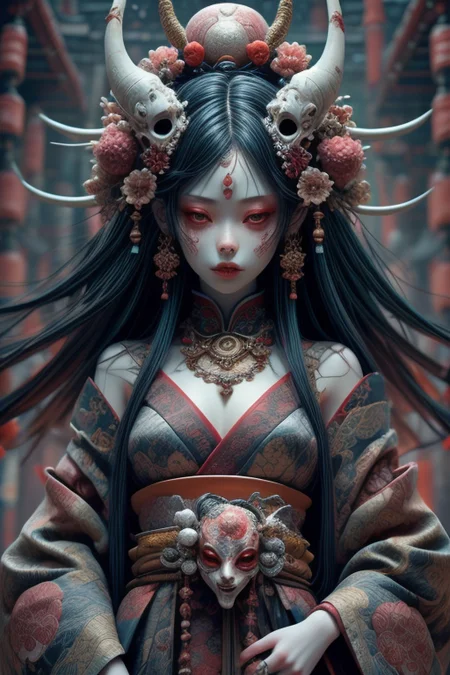 masterpiece,best quality,absurdres,high details,8K,photorealistic,amazing body,at distance,cowboy shot,thigh gap,1girl,<lora:detail_slider_v4:3>,<lora:Concept_-_Hella-sthetic_v2:0.7>,<lora:ghost doll_20230805145739:0.5>,kimono,gohstpunk,red torii,japan graveyard,ghost mask,horn,evil smile,yaksha,tengu,hanfu,ghost mask,cleavage,flower tattoo,curtain,gray hair,ghost doll,belt,hair flower,hair ornament,drop earrings,puppet rings,gold jewelry,necklace,jewelry,bangle,brooch,pendant,cult,spirit,Mysterious,spooky,oriental mythology,traditional Japanese art,dark persona,japanese temple,, intricate, elegant, highly detailed, symmetry, magical atmosphere, sharp focus, majestic, very coherent, radiant, advanced, cinematic, artistic, fine detail, winning, beautiful, stunning, dramatic light, designed, rich deep colors, perfect professional background, ambient, tailored set composition