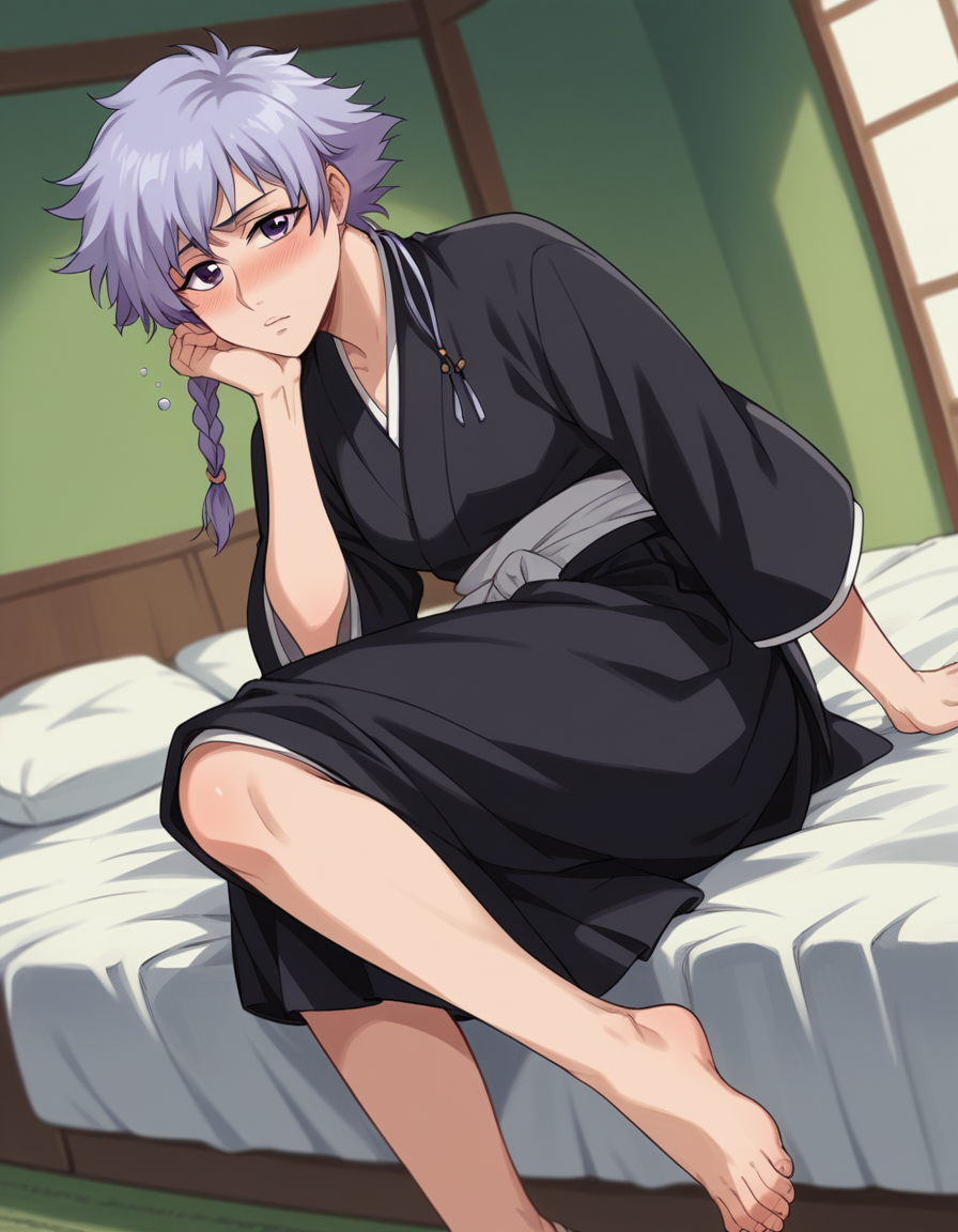 score_9, score_8_up, score_7_up, source_anime, <lora:isane-kotetsu-anime-ponyxl-lora-nochekaiser:1>, isane kotetsu, short hair, braid, purple hair, purple eyes, hair braid,, long sleeves, japanese clothes, kimono, haori, black kimono, hakama, black hakama,, indoors, bed, bed room, on side, blush, drunk,, , looking at viewer, knee up, elbow bent, foot on tiptoe, solo,, cowboy shot, dutch angle