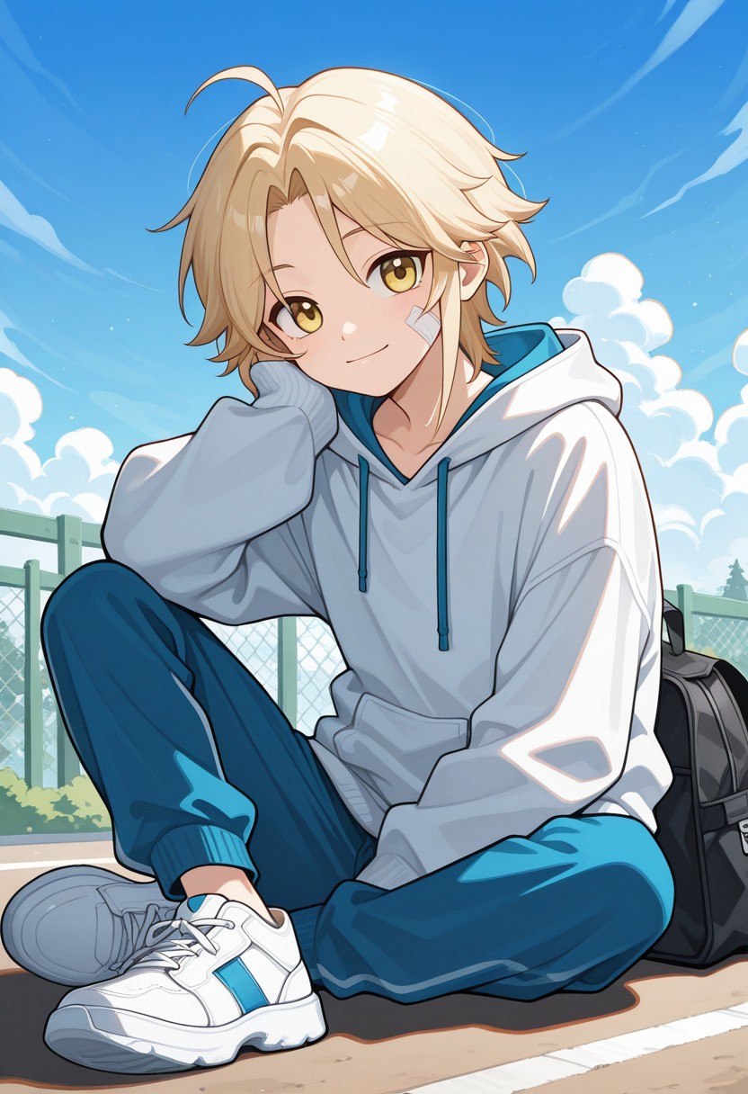 masterpiece,best quality,amazing quality, source_anime, 
Yanqihonk, 1boy, solo, male focus, blonde hair, yellow eyes, bag, hoodie, sitting, sky, outdoors, cloud, looking at viewer, alternate costume, sneakers, smile, fence, shoes, blue sky, bandaid, bandaid on face, closed mouth, day, shprt over long sleeves, sneekers, hoodie, hood, track pants