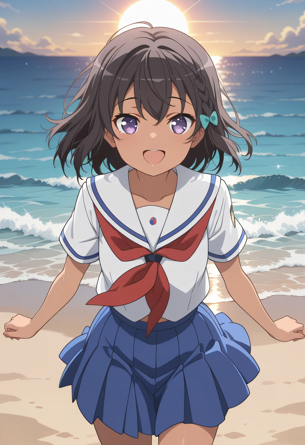 masterpiece,best quality,amazing quality,very aesthetic, absurdres
1girl, solo, Mayumi Uchida, tan skins, braid, black hair, purple eyes,
school uniform, serafuku, short sleeves, skirt, blue skirt, pleated skirt, neckerchief,
sea background, on beach, sun, playing water, sun ray, god rays, dof, smile, open mouth,
looking at viewer,
anime coloring,