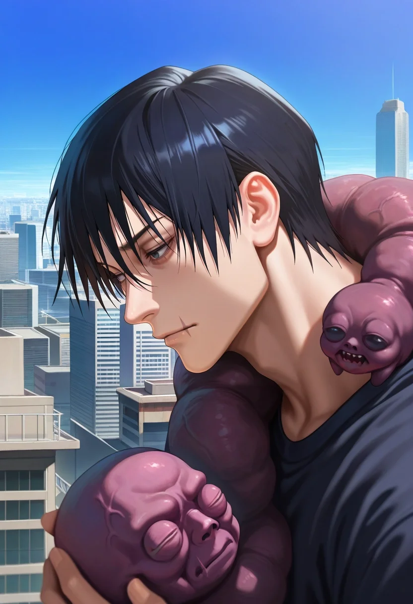 masterpiece, best quality, , (realistic:0.6), , 1boy, solo, male focus, <lora:touji_fushiguro_ilxl:0.96>, touji_fushiguro, black hair, black eyes, short hair, hair between eyes, bangs, monster, cursed spirit, scar on mouth, profile, rooftop, tokyo \(city\), building, skyscraper, light, holding object, nervous,