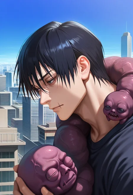 masterpiece, best quality, , (realistic:0.6), , 1boy, solo, male focus, <lora:touji_fushiguro_ilxl:0.96>, touji_fushiguro, black hair, black eyes, short hair, hair between eyes, bangs, monster, cursed spirit, scar on mouth, profile, rooftop, tokyo \(city\), building, skyscraper, light, holding object, nervous,