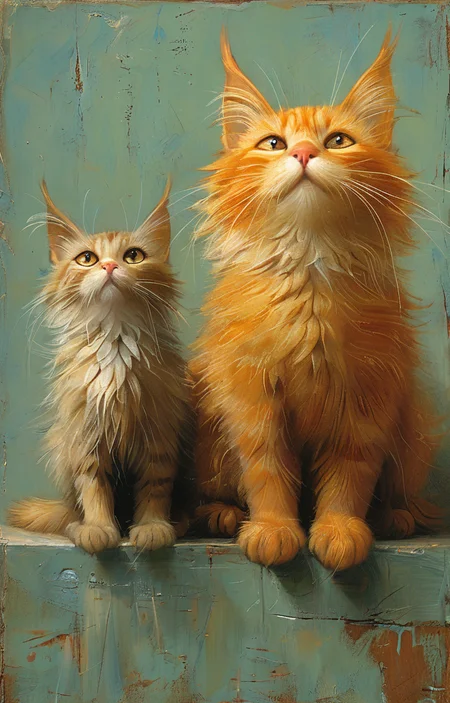 masterpiece,best quality,<lora:tbh161-sdxl:0.9>,illustration,style of Shaun Tan, cute Mainecoon cat and Abyssinian cat