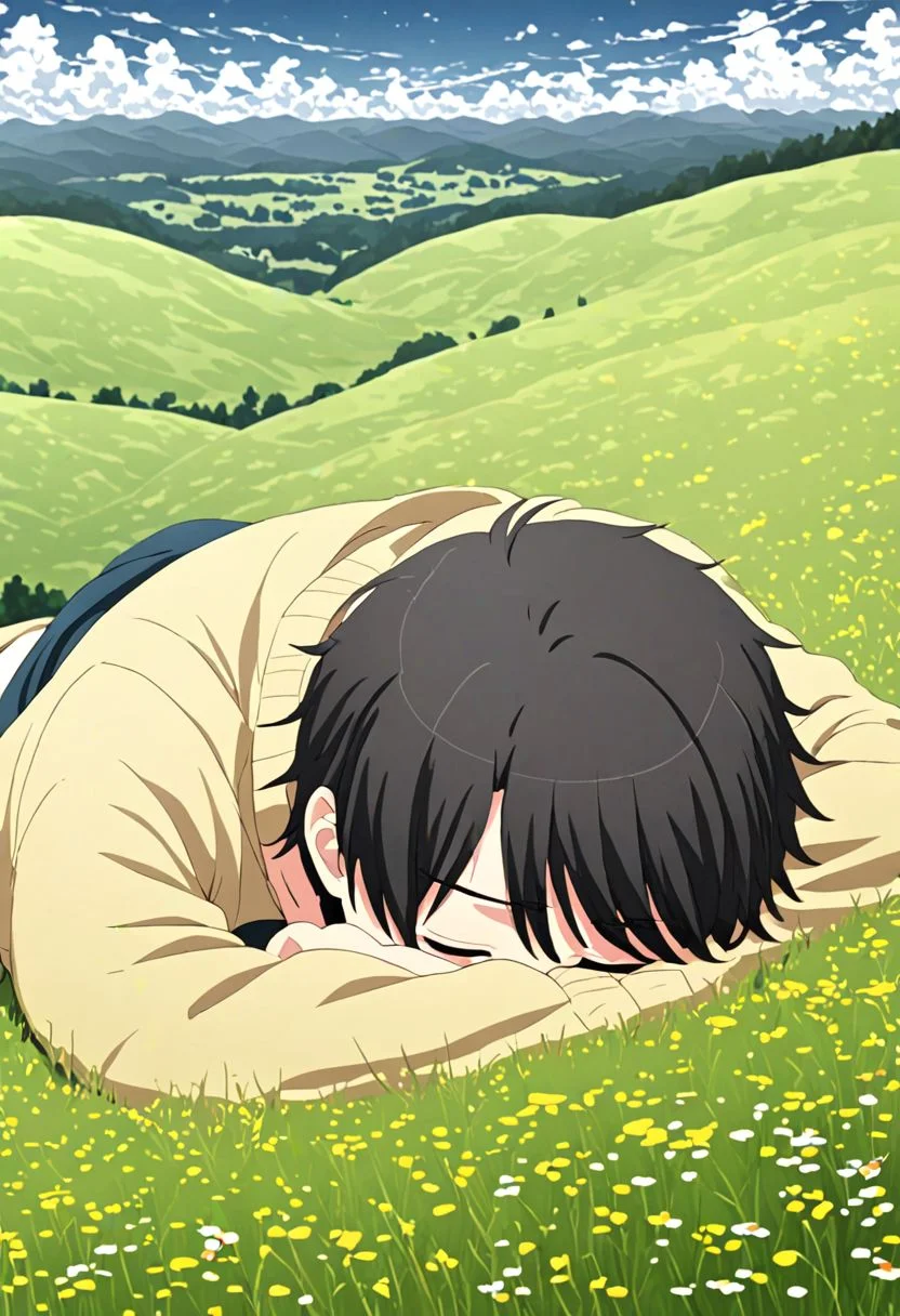 high resolution, solo, best quality, 1Boy, Inaho Kaizuka, Black Hair, relax, sleep, meadow, hill, cloudy, OverallDetail