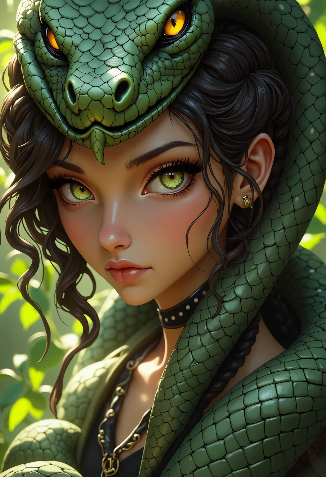 bo-snake, a oil paint on canvas of a world of mystical anime snake, dark fantasy, a digital illustration in an anime style, featuring a close-up of a young woman's face, she has fair skin and striking, large, expressive green eyes with a vivid yellow iris, giving her a captivating gaze, her hair is long and wavy, with a mix of dark and light brown strands framing her face, and she wears a large, snake-like headdress that wraps around her head, accentuating her curves and scales, the headdress is intricately detailed, with scales that give it a realistic, almost reptilian appearance, the background is blurred, with sunlight filtering through the leaves, creating a soft, warm glow that highlights the textures of her skin and the snake's head, the leaves are detailed with a realistic texture, adding depth and realism to the scene, the overall composition is dynamic, with the woman's gaze directed towards the viewer, enhancing the sense of depth and mystery, the illustration is rich in detail, with soft shading and highlights that enhance the realism and depth of the image<lora:boFLUX Year of the Snake.safetensors:1.0:1.0>
