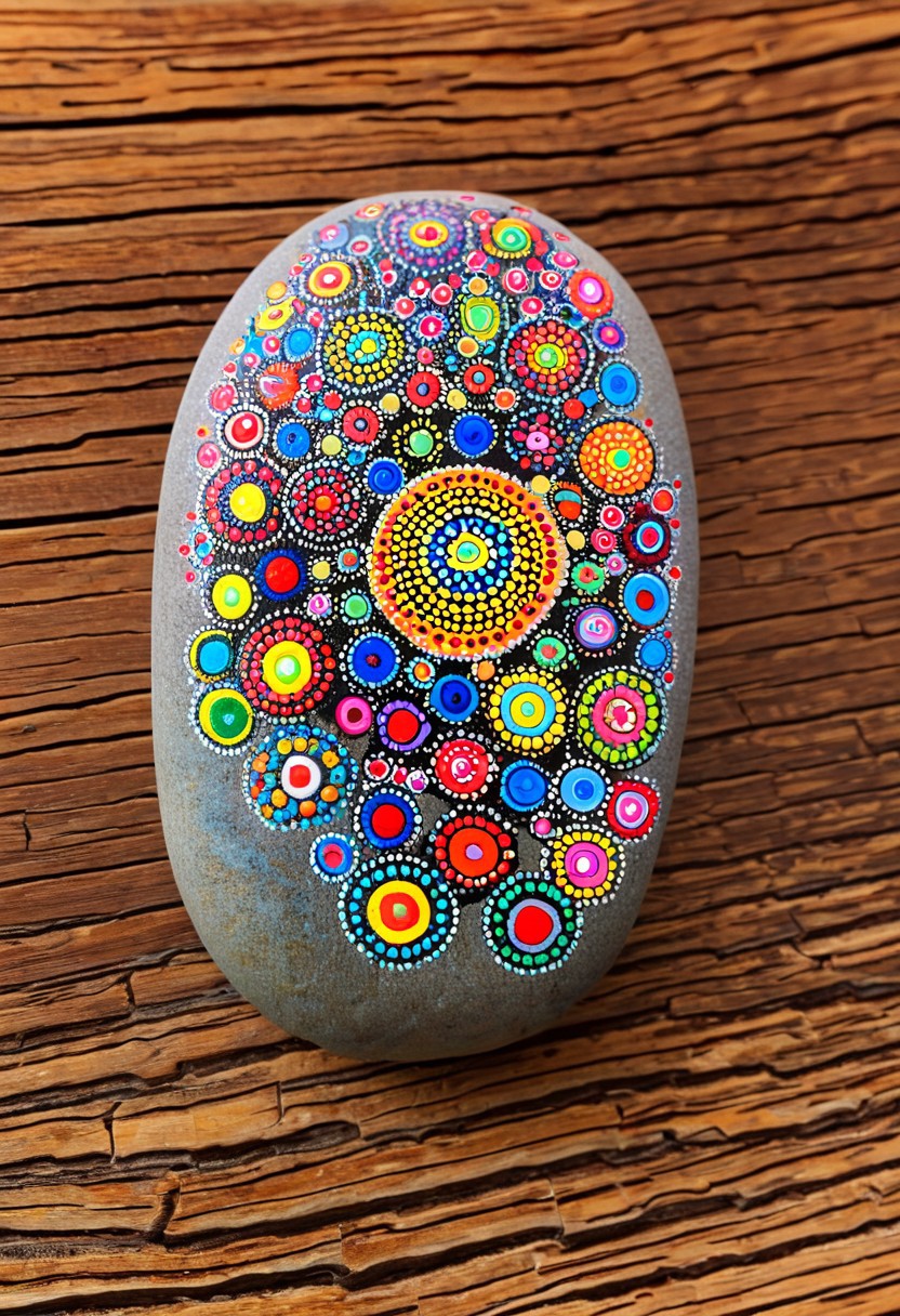Happy stones. A painted pebble, painted with swirling colored dots. Background is a wooden table