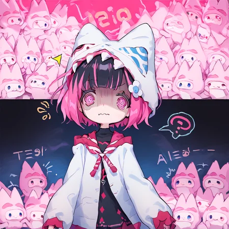 <lora:Berta_Delica:1> black hair, pink hair, multicolored hair, symbol-shaped pupils
<lora:TraumatizedGotoh_pdxl_Incrs_v1:0.8> @ @, shaded face
