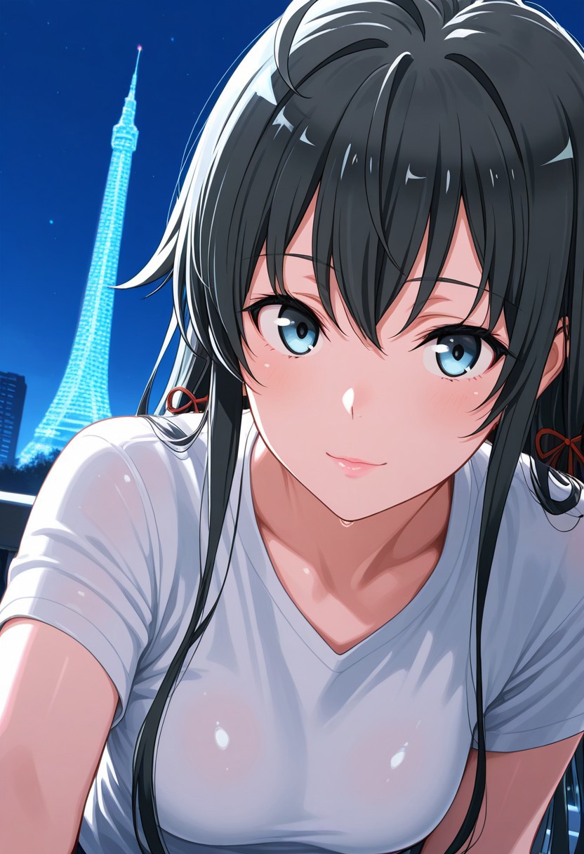 (Best quality , 8K , masterpiece) , Best illustration , Yukinoshita Yukino, 1girl, medium breasts, soft smile, detailed lips, soft lips, glossy lips, pink lips, white t-shirts, ((looking for viewers)), tower, night