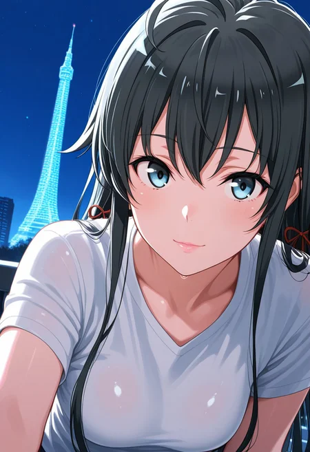 (Best quality , 8K , masterpiece) , Best illustration , Yukinoshita Yukino, 1girl, medium breasts, soft smile, detailed lips, soft lips, glossy lips, pink lips, white t-shirts, ((looking for viewers)), tower, night