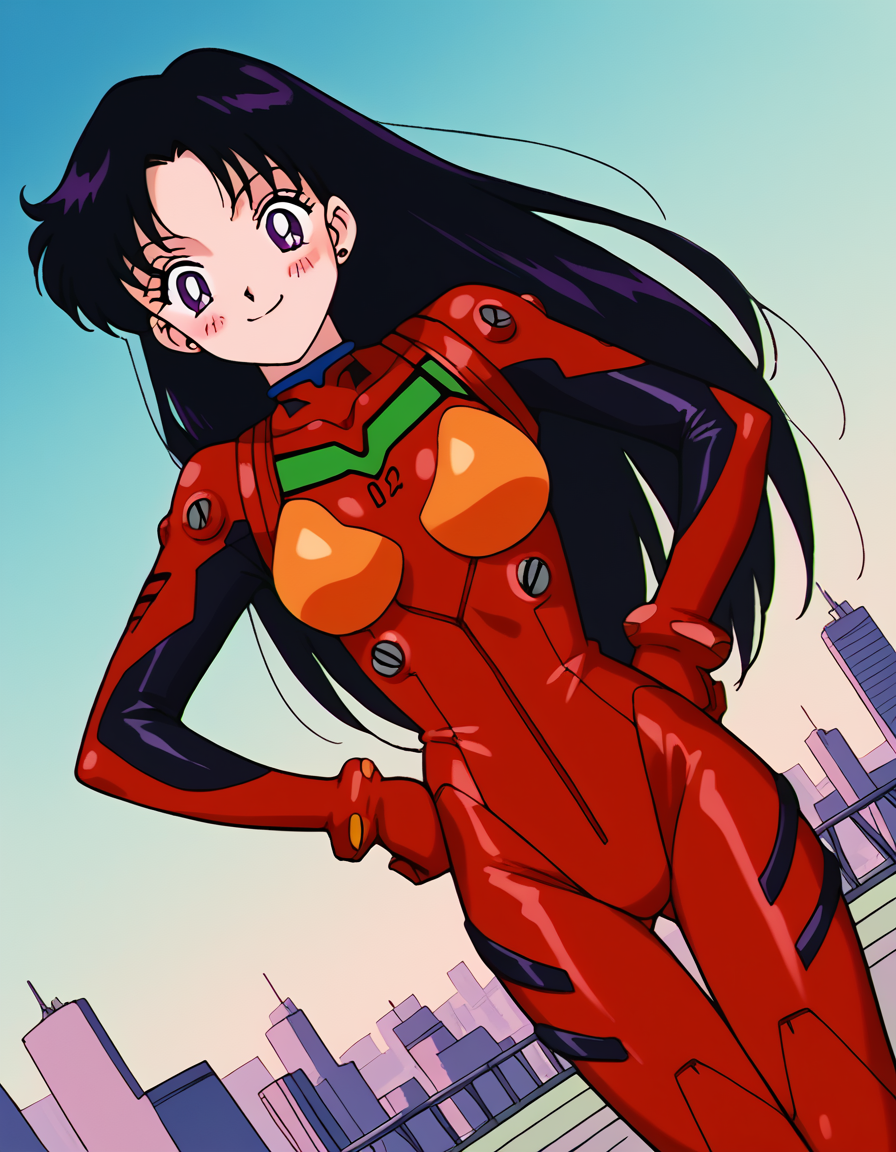 score_9, score_8_up, score_7_up, source_anime, <lora:rei-hino-s3-ponyxl-lora-nochekaiser:1>, rei hino, black hair, diadem, long hair, purple eyes, parted bangs,, <lora:souryuu-asuka-langley-cosplay-ponyxl-lora-nochekaiser:1>, souryuuasukalangleycosplay, souryuu asuka langley (cosplay), bodysuit, pilot suit, plugsuit, red bodysuit, interface headset,, cityscape, smile, blush, hands on hips,, , cowboy shot, dutch angle