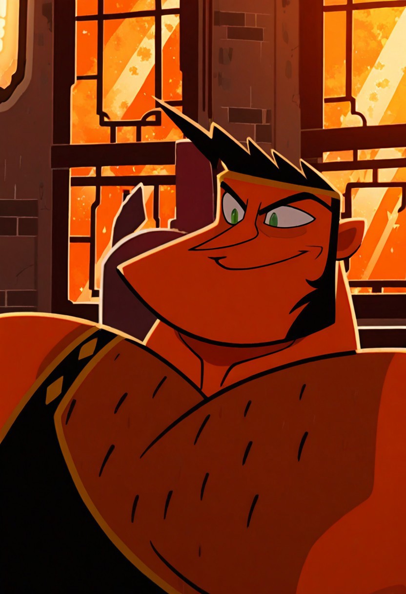 BREAK masterpiece, amazing quality, best quality, high res, HD, 8K, intricate detail, Extremely detailed, detailed eyes, solo, male focus, beautiful, very aesthetic, cinematic lighting, beautiful vibrant colors, show-accurate, dynamic angle, <lora:HimculesV1:1>, Himcules_(mlaatr), tanned skin, black hair, short hair, spiked hair, muscular male, bara, large pectorals, black toga, face focus, upper body, close up, portrait, smirk