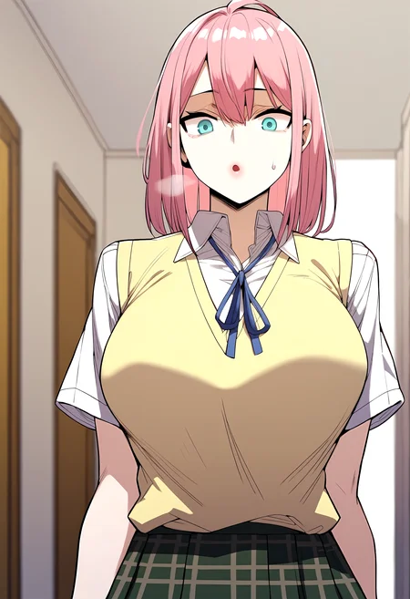 score_9, score_8_up, score_7_up, score_6_up, source_anime, rating_explicit, <lora:neg4all_bdsqlsz_V3.5:2.0>1girl, (solo:1.1), huge breasts, <lora:Cha Si-rinponyxl:1> pink hair, hair between eyes, ahoge, blue eyes, medium hair, aqua eyes, school uniform, yellow sweater vest, blue ribbon, neck ribbon, white shirt, collared shirt, short sleeves, plaid skirt, pleated skirt, surprised, parted lips, Narrow shoulders, heavy breathing, steaming body, school, hallway, indoors, looking at viewer, window