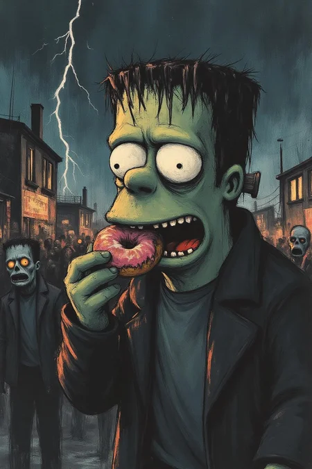 apoca1 illustration. Close up of Homer Simpson dressed as Frankenstein, eating a doughnut during a thunderstorm <lora:apocalypse_now4_nocap_d4a2:1.0><lora:803166173194624766:0>