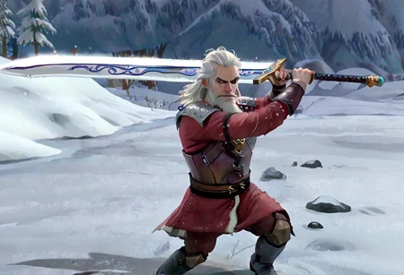 geralt as a (r0b0t_s4nta_c1aus), holding a sword, solo,
high guard sword parry stance, incoming vertical sword attack
at a frozen lake,
game screenshot,
looking at the camera,
sfw