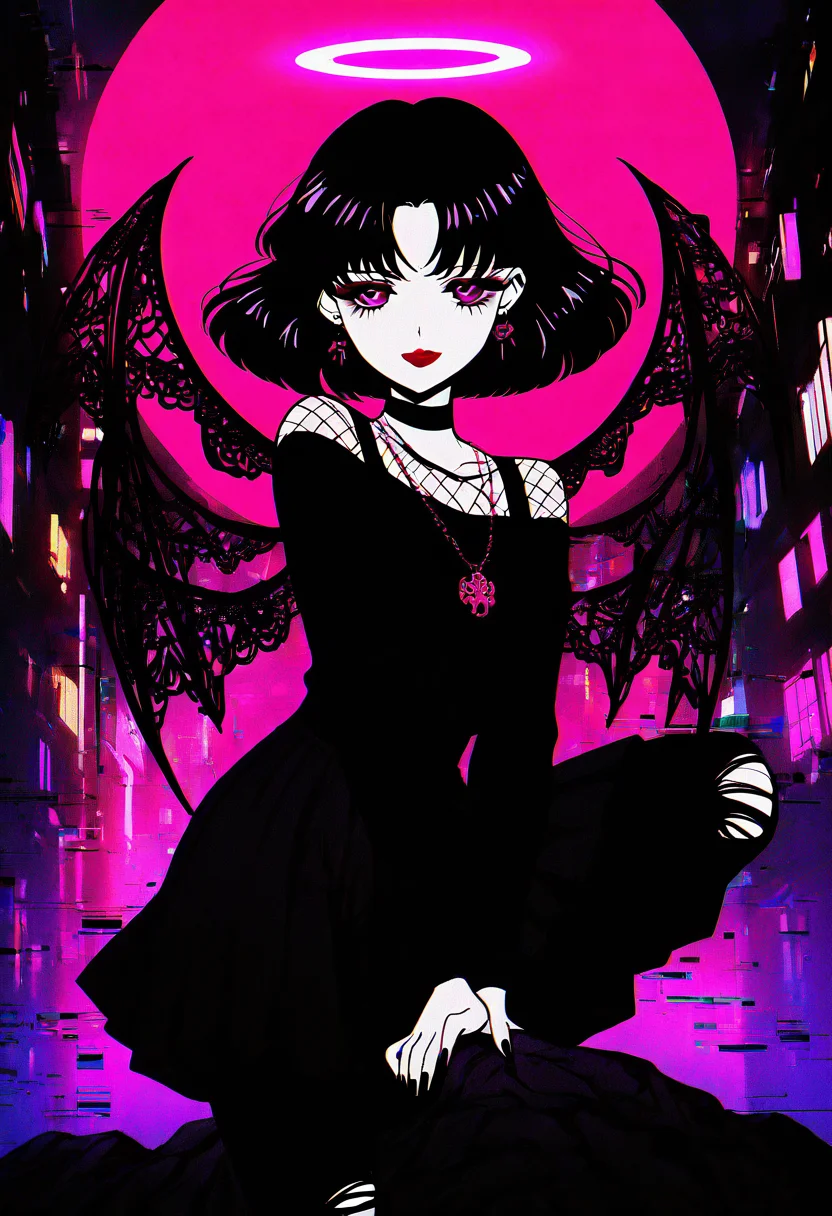 (masterpiece, best quality, good quality, very aesthetic, absurdres), 1girl, solo, eyelashes, (beautiful eyes), pink neon, goth, red hair, curvy, glowing, full body, city, neon, fishnets, cyberwings, (glitch), torn clothes, horns, halo, (dynamic pose, close up, incoming attack:1.1), 1girl, solo, looking at viewer, smile, short hair, bangs, shirt, black hair, jewelry, closed mouth, purple eyes, earrings, choker, necklace, parted bangs, black shirt, black choker, lipstick, portrait, red lips, anime coloring, tomoe hotaru, looking at viewer, short hair, black hair, closed mouth, purple eyes, parted bangs, black shirt, black choker, red lips, anime coloring, tomoe hotaru , <lora:GothRetroNAI:1.0>,
