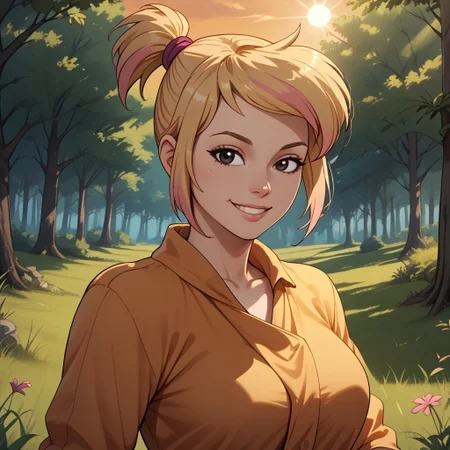 score_9, score_8, BREAK, short blond hair, high ponytail, pink streak in hair, black eyes, adult female, mature female, breasts, sexy pose, self portrait, smile, outdoors, sunlight, shadows, evening lighting, natural lighting, forest, trees, grass, orange sky, sunset