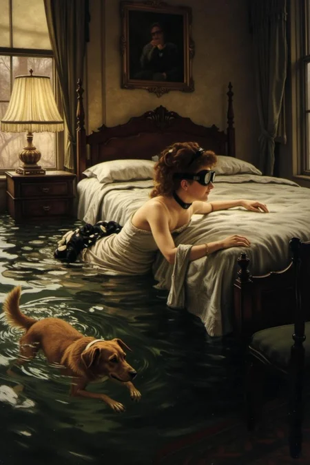 jati1 painting
A late 19th-century Victorian era scene inside elegant room.
a woman and her dog swimming in a bedroom completely filled with water. The room's furniture, including a bed, nightstand, and lamp, is all submerged, creating an otherworldly underwater environment. The woman, wearing goggles, her head half submerged, with her hair floating freely in the water, moves gracefully as she glides past the submerged bed, her dog swimming energetically by her side. The dog's tail wags as it paddles through the water, clearly enjoying this unexpected adventure. Soft light filters through the water, casting gentle ripples and reflections across the room, adding to the dreamlike atmosphere of the scene <lora:jati1_cap_d6a3:1.0><lora:817313095388155532:0>