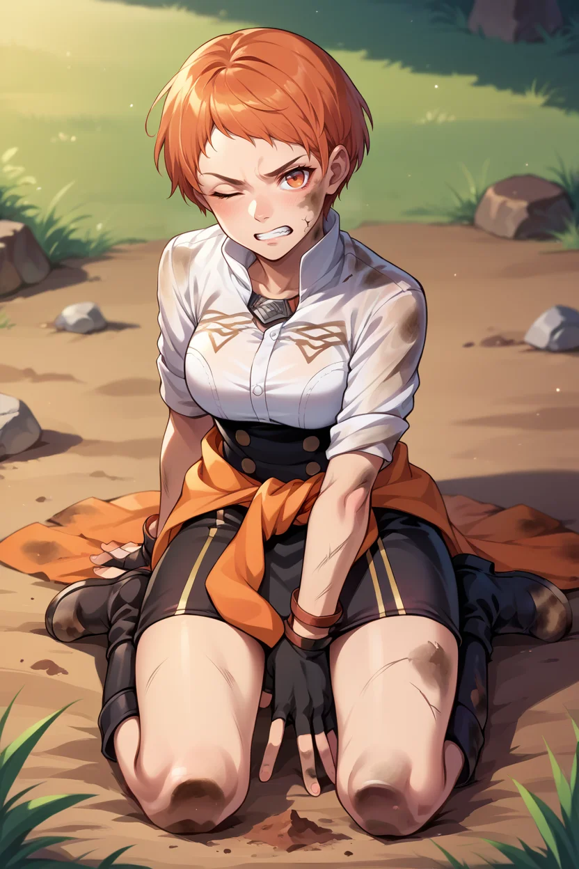 score_9, score_8_up, score_7_up, score_6_up, source_anime, BREAK 1girl, solo <lora:leonie-pdxl-nvwls-v1-000005:1> defLeonie, short hair, orange hair, orange eyes, white shirt, high-waist skirt, black skirt, clothes around waist, black gloves, fingerless gloves, boots, kneeling, wincing, clenched teeth, looking at you, dirt, ground, field