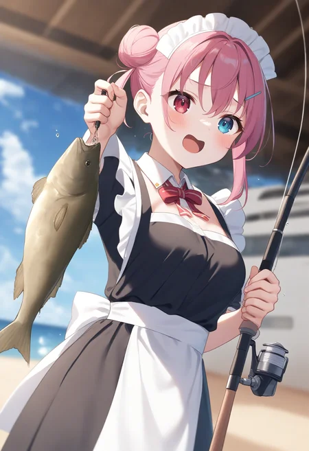 1girl,sincos, ningen mame, toosaka asagi,solo,medium breasts,20yo,maid,maid headdress,
fishing, fishing rod, fish, boat, holding fishing rod, holding fish, ocean, day, arm up, water drop, fishing line, <lora:fishing_XL_v1:0.8>
dutch angle, portrait, looking away, pink hair, heterochromia,bored, open mouth, hair bun hair,,
best quality, very aesthetic, absurdres