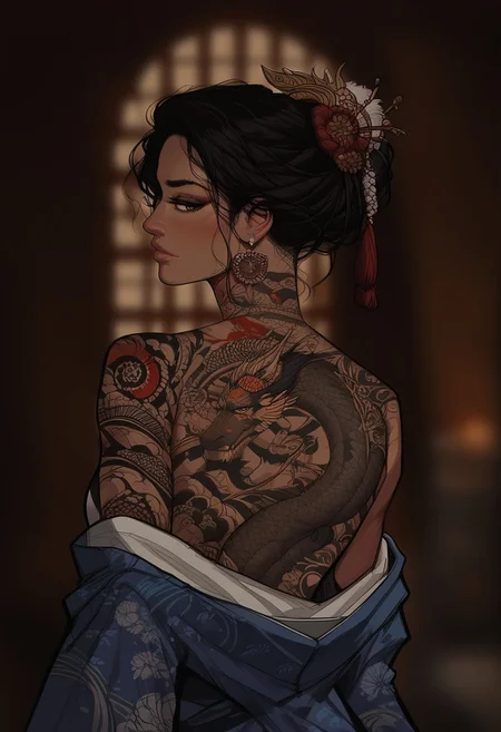 score_9, score_8_up, score_7_up, western cartoon, (((1girl, Asian,cheekbones, attractive woman,bare shoulders,seductive, Long Hair, Fine Hair, black hair, intricate hair style,))), in a Japanese bathhouse, inside, light skin, looking back, back tattoo, tattoo on back, tattoo extended to arms, upper body, hannya tattoo, back tattoo, view from behind, kimono, black and grey tattoo, dragon tattoo on back, dragon tattoo, Japanese design tattoo, peony tattoo, floral design,