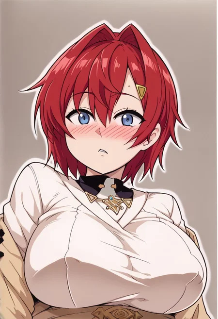 source_anime, ak1, blue eyes, red hair, short hair, hair between eyes, hair intakes, hairclip, hair ornament, <lora:AngeKatrinaXLv2-19:1>,,,,,, anime coloring, anime screencap, 1girl,Solo ,, anime,PUFFY nipple,huge breasts,,official art, Uncensored ,Unedited ,,,, , ,,,,, ,,, ,, ,,