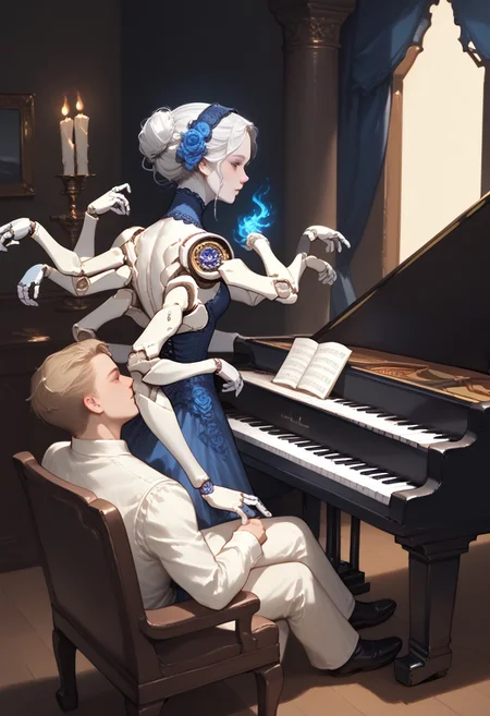 score_9, score_8_up, score_7_up, score_6_up, d4rkv1b3, dynamic angle, (from above, from behind, back focus), over shoulder, (doll, multiple arms, 6arms, grand piano, sitting, playing piano, hands on piano keyboard:1.2), white hair, white eyelashes, hauntingly beautiful, great lighting, ddpapa, cold colors, porcelaine skin, glowing skin, victorian dress,
BREAK,
shadows, (candles, exquisite fireplace, blue flame, blue fire, cold light), solemn, somber, lonely, cobwebs, golden ornaments, dark theme, deserted gothic mansion,
