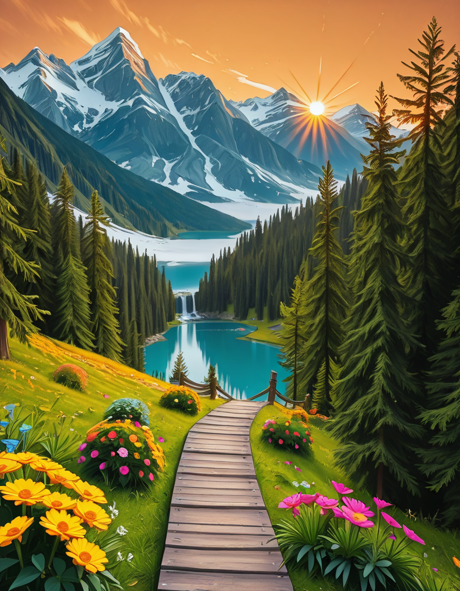 A breathtaking, high-resolution photograph of the most beautiful place on Earth, where natureâs wonders blend in perfect harmony. Towering, snow-capped mountains rise majestically in the background, their peaks glowing under the golden hues of a setting sun. Below, a crystal-clear turquoise lake reflects the colors of the sky, surrounded by lush, green forests filled with ancient trees, vibrant wildflowers, and cascading waterfalls. A soft mist rises from the valley, adding a dreamlike quality to the scene. In the distance, rolling meadows stretch toward the horizon, dotted with colorful flowers and serene wildlifeâgraceful deer grazing, birds soaring in the sky, and butterflies dancing in the breeze. A wooden footpath winds through the landscape, leading to a secluded, tranquil spot where the beauty of nature can be fully admired. The air is crisp and filled with the soothing sounds of rustling leaves, flowing water, and distant birdsong. The sky above is a masterpiece of colorsâdeep oranges, purples, and pinks blending seamlessly as the sun sets, casting a magical glow over this untouched paradise. The atmosphere is peaceful, awe-inspiring, and filled with a deep sense of wonder and tranquility, as if stepping into a perfect dream.
<lora:SDXLFaeTastic2400:0.4> <lora:extremely_detailed:0.4> extremely detailed,Earth P4r4d1s3, <lora:Earth_P4r4d1s3-i:1>, Masterpiece,best quality,hi res,8k,hi res,8k,award winning,(sharp focus, intricate, highly detailed),