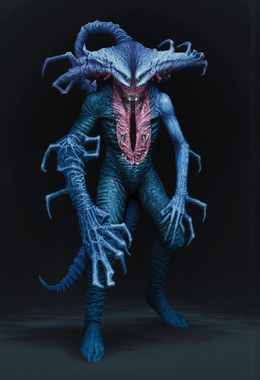 b3rs3rk first person d4concept pov, 3D01S, simple background d4artstyle atmospheric and powerful MikeFranchinastyle dark fantasy, natural organic and first person pov of a berserk style creature
A Tsutomu Nihei Terrifying biomechanical reptilian humanoid with midnight-blue chitinous armor plates, dynamic hunting pose. Vertically-split jaw with exposed pink muscle tissue and razor-sharp teeth, unhinged like a grotesque flower. Multiple compound eyes glowing with predatory intelligence, arranged in an insectoid pattern. Prominent heat-dispersing head crest with intricate vascular patterns in deep blues and purples. Six-fingered hands ending in crystalline-sharp talons, posed in aggressive combat stance. Thick muscular tail for perfect balance, covered in overlapping armored scales. Exposed flesh between armor plates shows alien musculature in pale greyish tones. Battle-ready posture with coiled energy, suggesting imminent attack. Deadly organic weapons emerge from forearms, dripping with bioluminescent fluid. Hyper-detailed texturing on scales and armor, wet organic sheen on exposed tissues. Professional dramatic lighting emphasizing threatening presence, cast shadows heightening menace. Ultra-realistic creature design, 8k resolution, dark sci-fi horror aesthetic, cinematic composition.
UHD letterboxed game trailer frame chromatic aberration dark atmosphere sharp masterpiece with a focus on the character, elden ring style, dark atmosphere, chromatic aberration