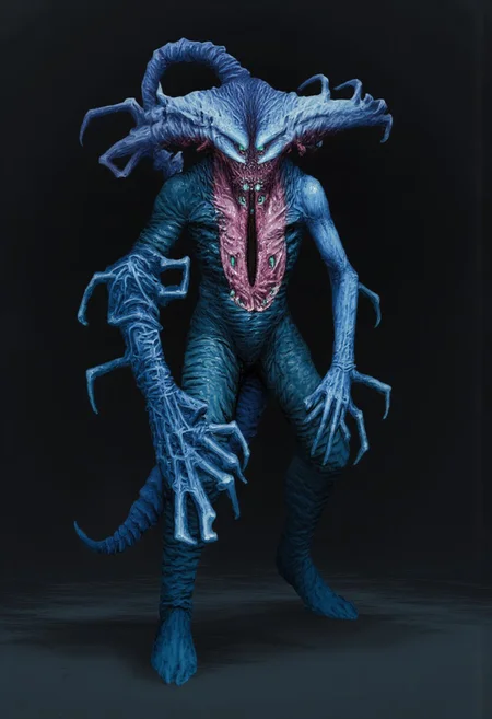 b3rs3rk first person d4concept pov, 3D01S, simple background d4artstyle atmospheric and powerful MikeFranchinastyle dark fantasy, natural organic and first person pov of a berserk style creature
A Tsutomu Nihei Terrifying biomechanical reptilian humanoid with midnight-blue chitinous armor plates, dynamic hunting pose. Vertically-split jaw with exposed pink muscle tissue and razor-sharp teeth, unhinged like a grotesque flower. Multiple compound eyes glowing with predatory intelligence, arranged in an insectoid pattern. Prominent heat-dispersing head crest with intricate vascular patterns in deep blues and purples. Six-fingered hands ending in crystalline-sharp talons, posed in aggressive combat stance. Thick muscular tail for perfect balance, covered in overlapping armored scales. Exposed flesh between armor plates shows alien musculature in pale greyish tones. Battle-ready posture with coiled energy, suggesting imminent attack. Deadly organic weapons emerge from forearms, dripping with bioluminescent fluid. Hyper-detailed texturing on scales and armor, wet organic sheen on exposed tissues. Professional dramatic lighting emphasizing threatening presence, cast shadows heightening menace. Ultra-realistic creature design, 8k resolution, dark sci-fi horror aesthetic, cinematic composition.
UHD letterboxed game trailer frame chromatic aberration dark atmosphere sharp masterpiece with a focus on the character, elden ring style, dark atmosphere, chromatic aberration